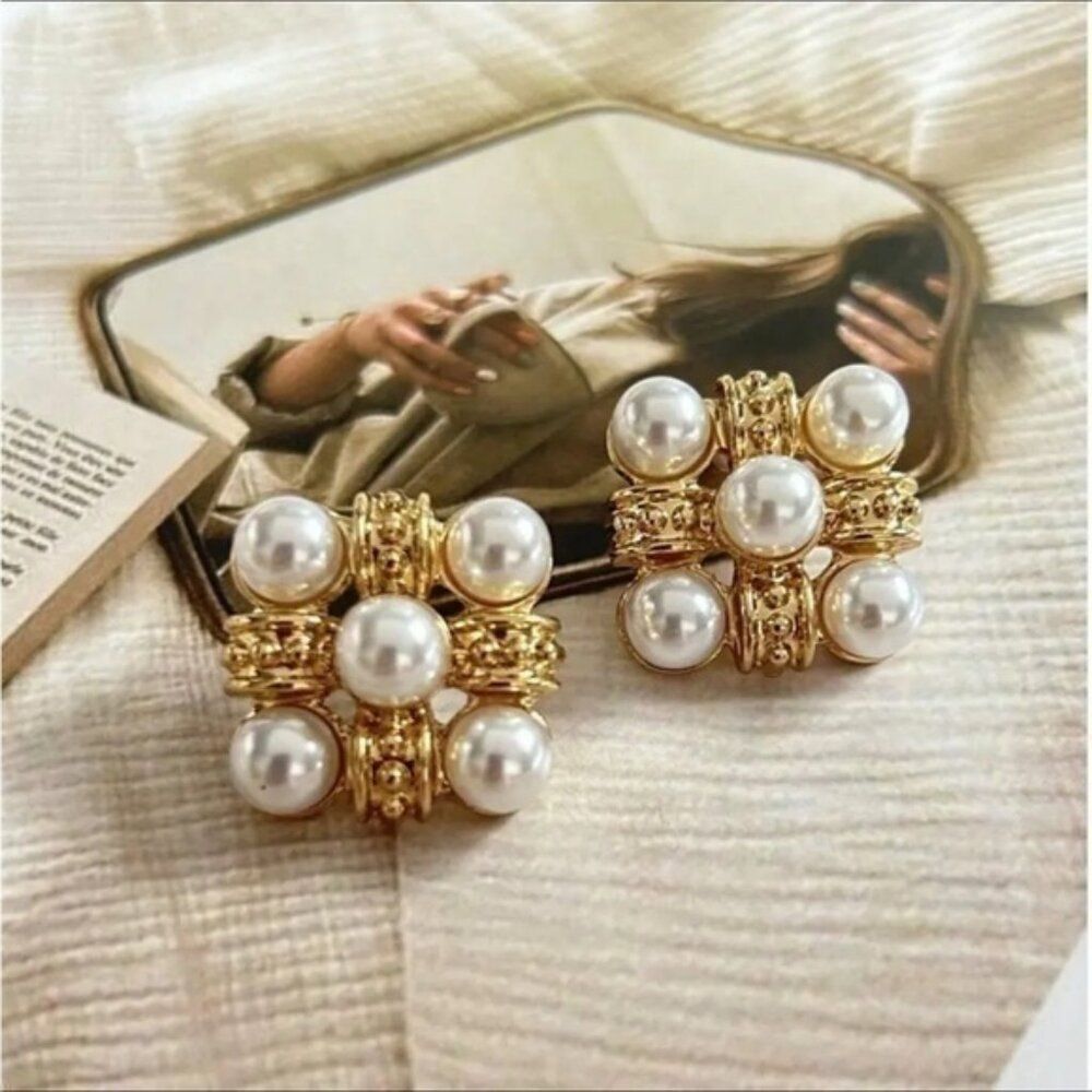 Gold White Square Faux Pearl Twisted Geometric Stud Statement Earrings